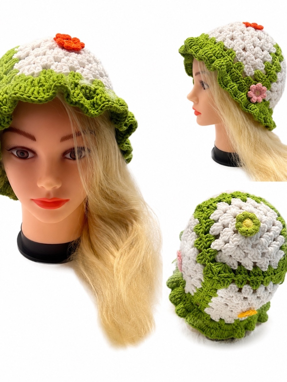 Crochet Floral Bucket Hat Cottagecore Boho Green White Handmade Style